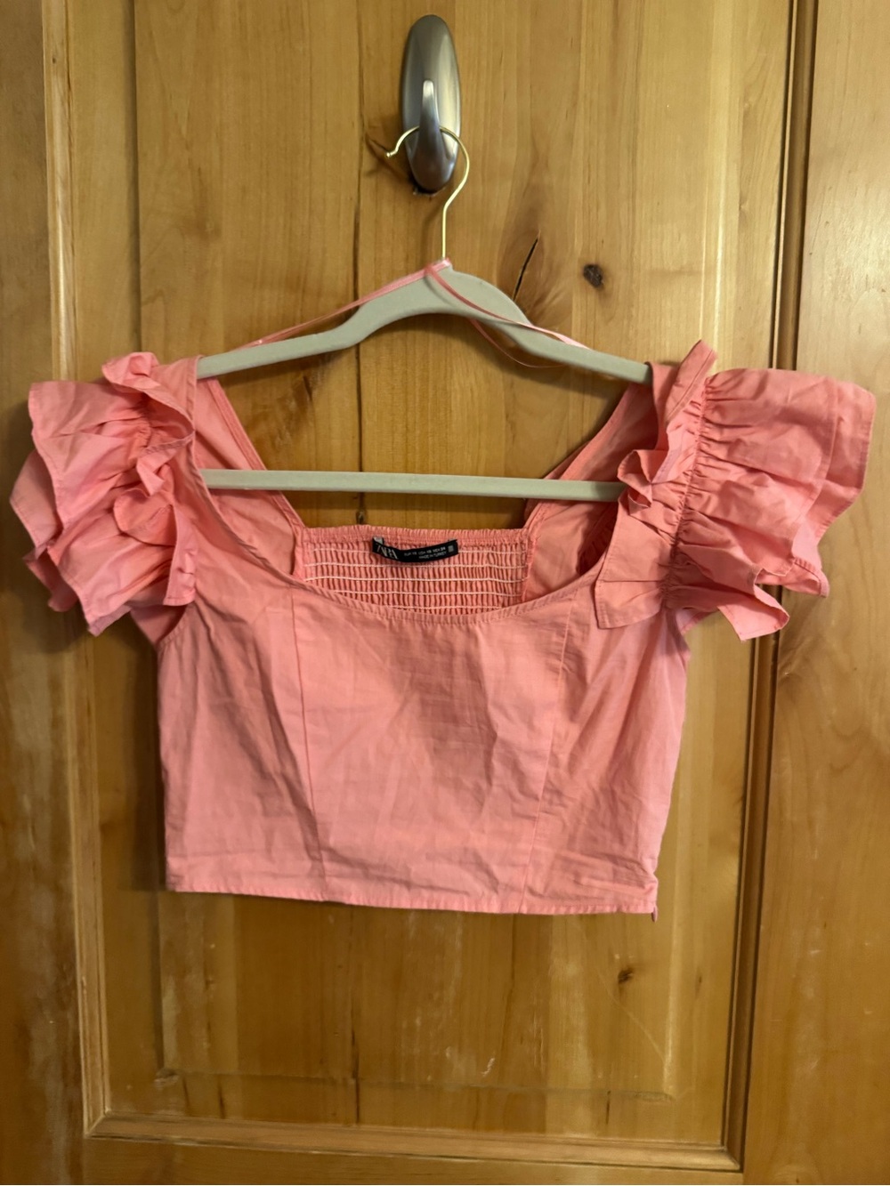 Zara Pink Smocked Square-Neck Crop Top with Ruffle Sleeves